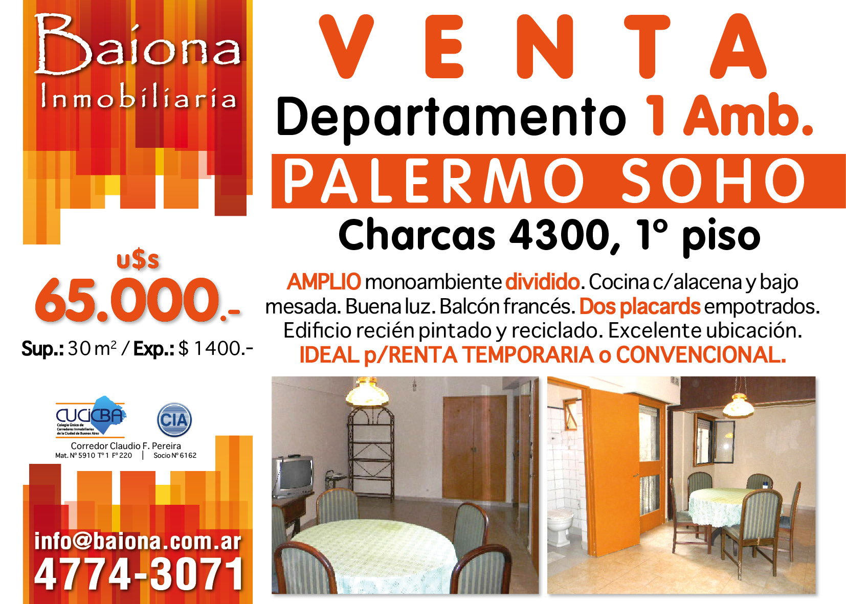 VENTA : : 1 AMB DIVIDIDO : : CHARCAS 4300/1º : : U$S 65000 — foto 8