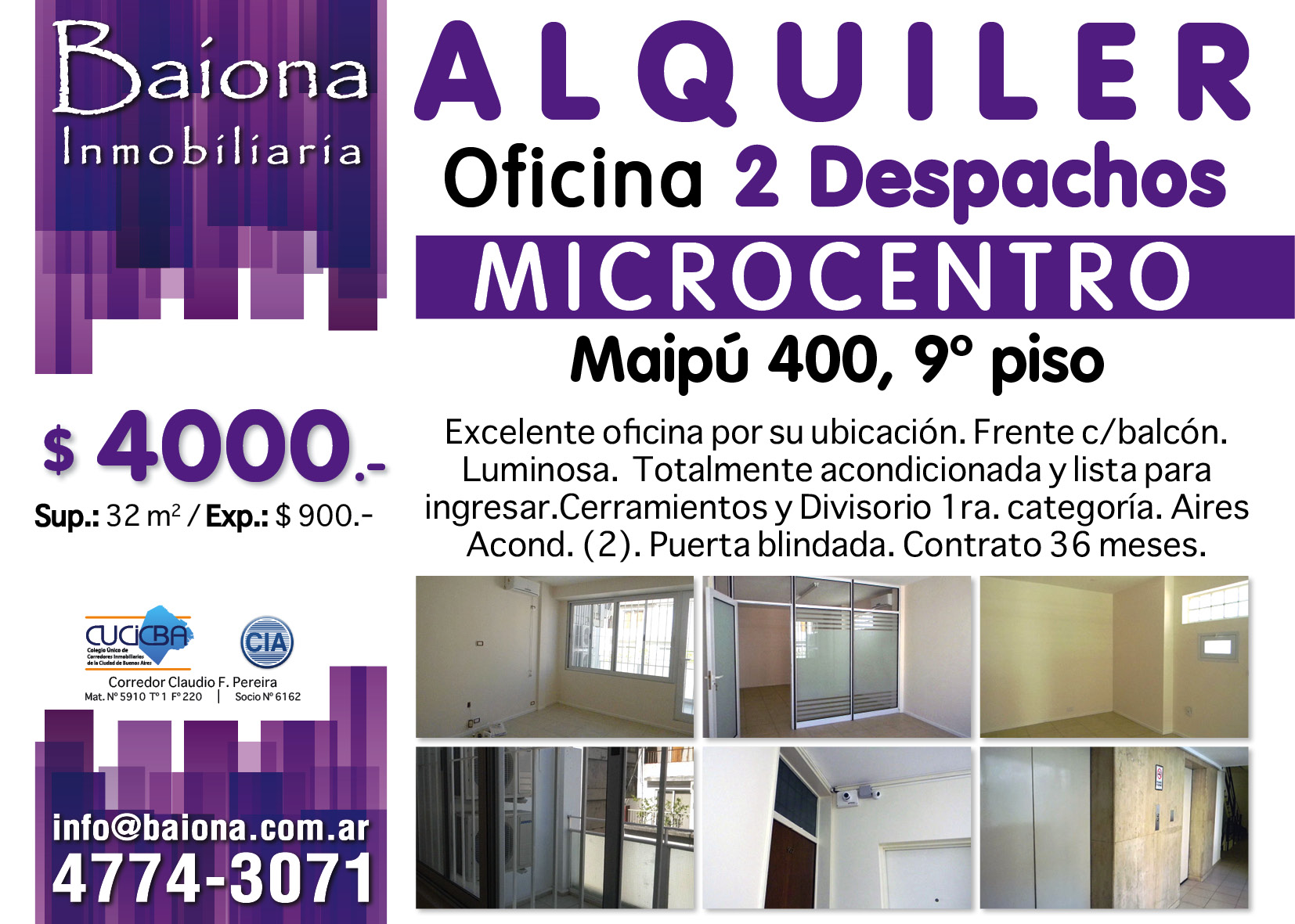 ALQUILER OFICINA : : MAIPU 400 : : MICRO CENTRO : : $ 4000 - 1