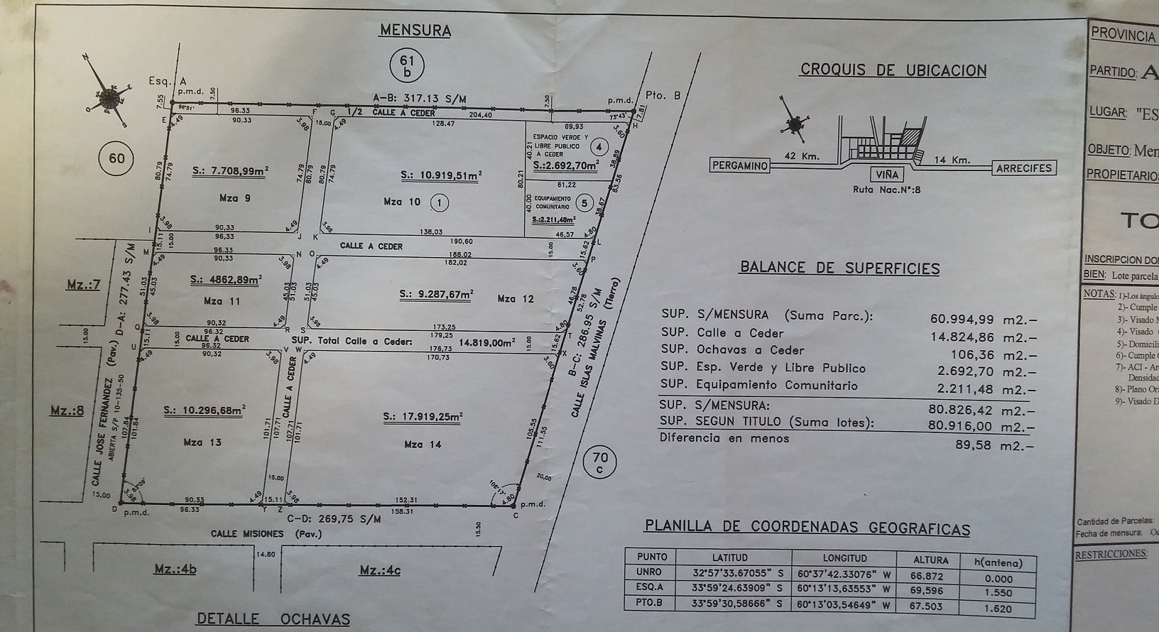 VENTA O ALQUILER CONSULTAR CHACRA A 200 MTS DE RUTA 8 - 90.000 MTS2 - ARRECIFES - MENSURADA Y SUBDIVIDIDA EN 6 MANZANAS. TOTAL 60.000 M2 COMERCIALIZABLES. - 5