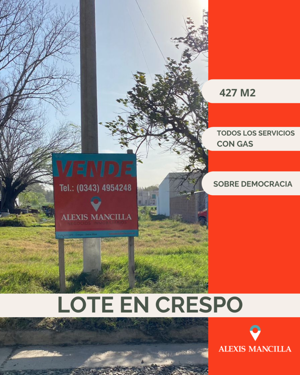 Lote 427 m2 sobre Democracia, Crespo