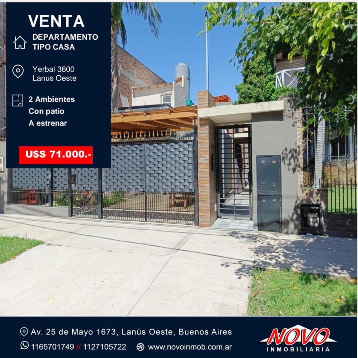 VENTA DEPARTAMENTO TIPO CASA 2 AMBIENTES PATIO SIN EXPENSAS APTOCREDITO, A ESTRENAR