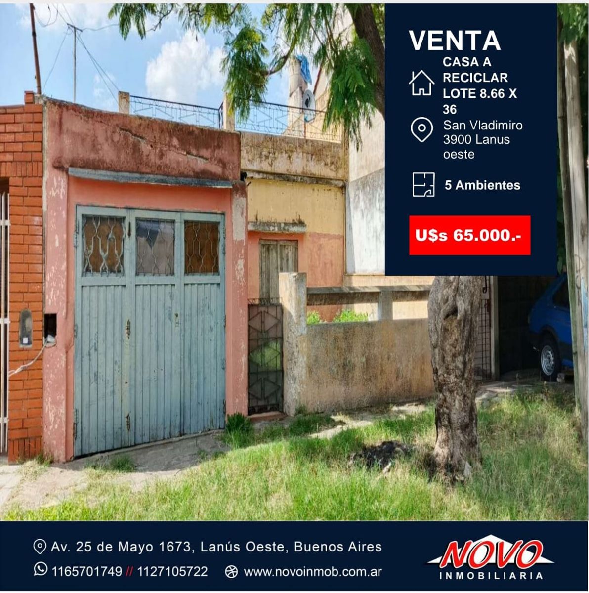 CASA 5 AMBIENTES A RECICLAR SOBRE LOTE 8..66 X 36 TIENE PLANOS APROBADOS