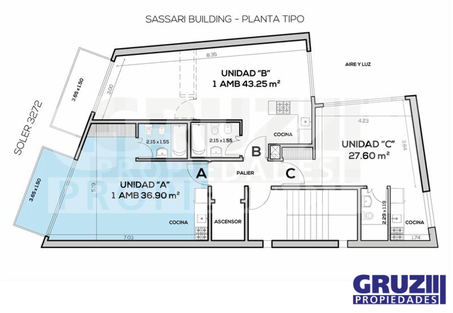 Planta Tipo Unidad A - Monoambientes de 36,90m2 - Soler 3272 - Palermo — foto 2