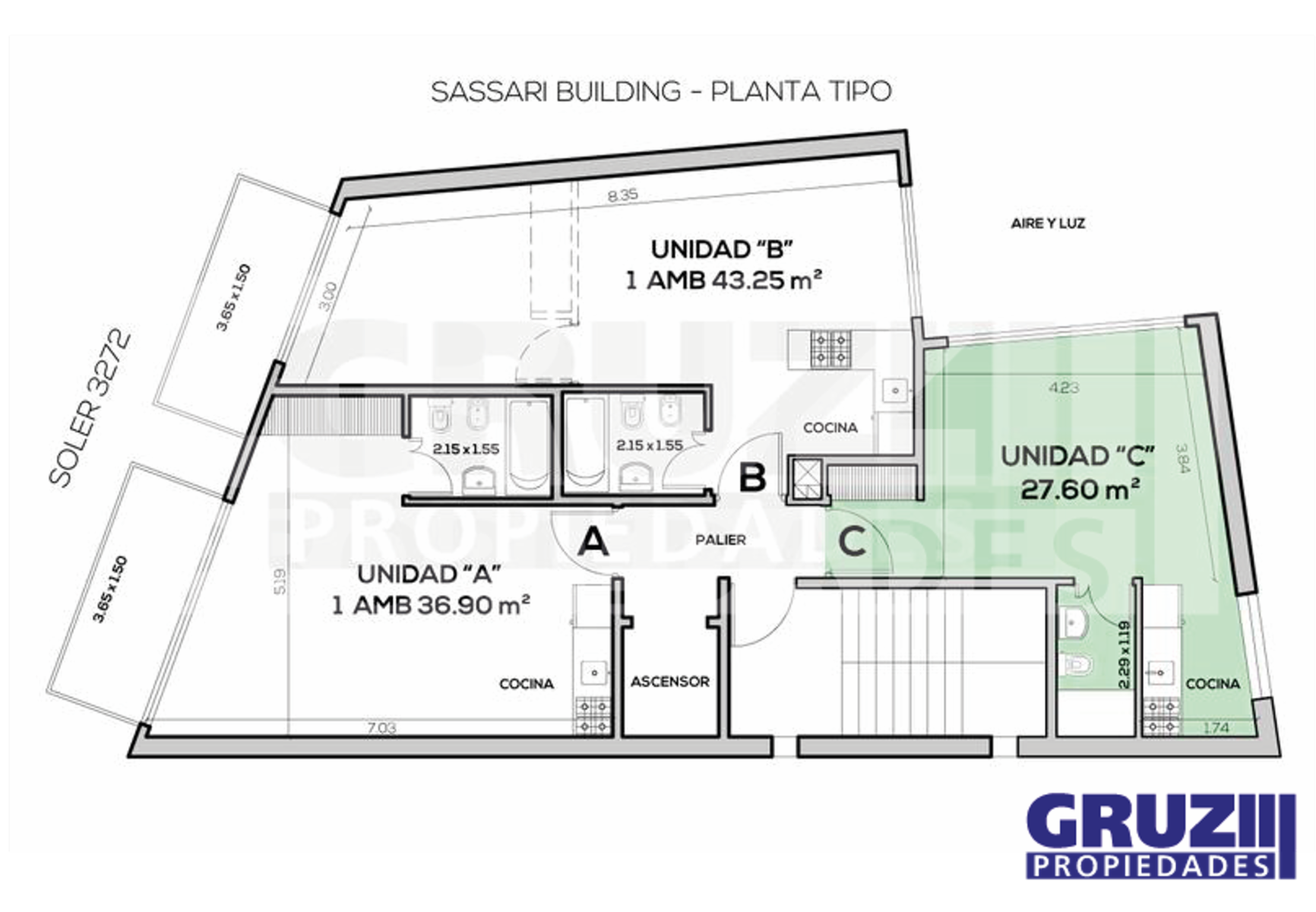 Planta Tipo Unidad C - Monoambientes de 28,50m2 - Soler 3272 - Palermo — foto 2